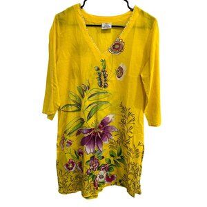 Yellow Floral Tunic Dress Rhinestone Accents V Neck 3/4 Sleeves Cotton Size M